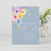 Waterverf Kleurrijke Bloemen Dusty Blue Wedding Kaart (Staand voorkant)