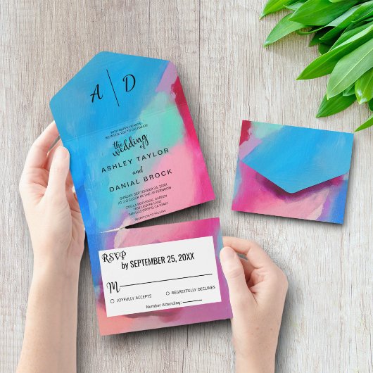 Waterverf kleurrijke chic All in One Wedding Invit All In One Uitnodiging