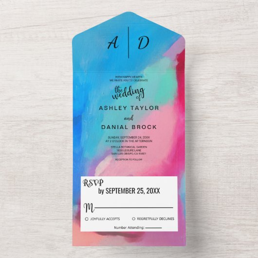 Waterverf kleurrijke chic All in One Wedding Invit All In One Uitnodiging (Binnen)