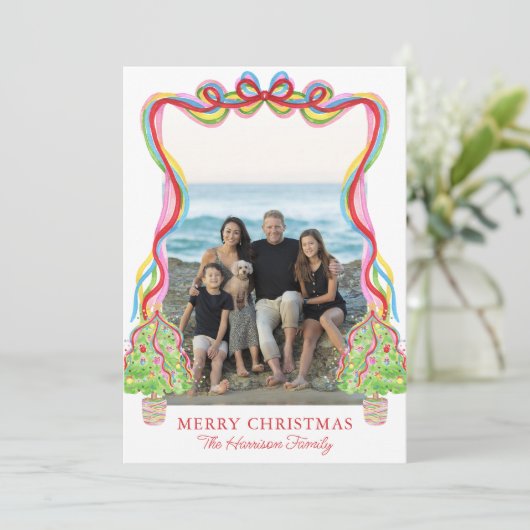 Waterverf Kleurrijke Confetti Kerstbomen Foto Feestdagenkaart (Staand voorkant)