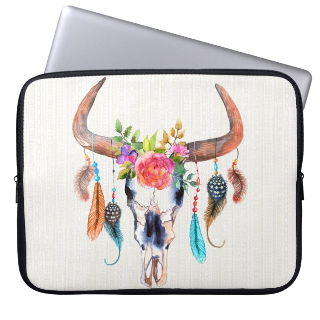 Waterverf Kleurrijke Dierenschedel Laptop Sleeve (Voorkant)