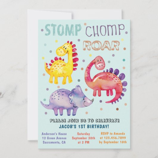 Waterverf kleurrijke dinosaurus eerste verjaardags kaart (Voorkant)