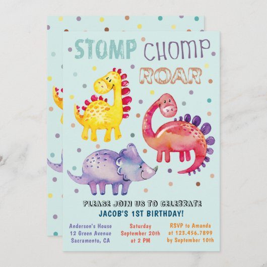 Waterverf kleurrijke dinosaurus eerste verjaardags kaart (Voorkant / Achterkant)