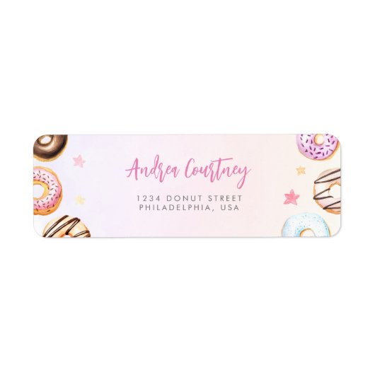 Waterverf kleurrijke donuts 2e verjaardag Roze naa Etiket (Voorkant)
