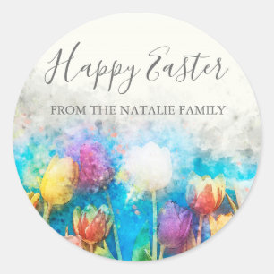 Waterverf kleurrijke Florenz Tulps Happy Easter Ronde Sticker