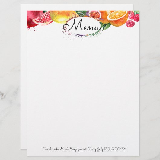 Waterverf kleurrijke fruitfeestmenuletterkop (Voorkant / Achterkant)