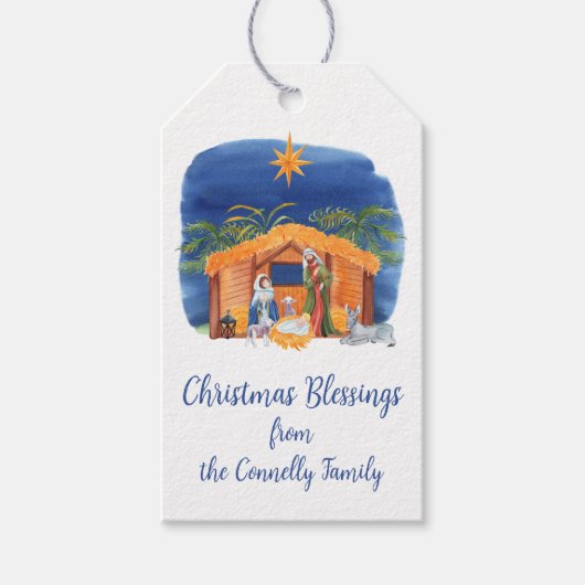 Waterverf Kleurrijke Geboorte Kerstmis Cadeaulabel (Voorkant)