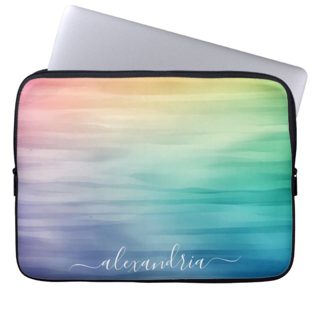 Waterverf Kleurrijke Gradient Ombre met Naam Laptop Sleeve (Voorkant)