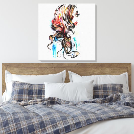 Waterverf kleurrijke haarstyling golvende haar mak canvas afdruk (Insitu (Slaapkamer))