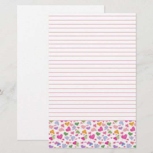 Waterverf Kleurrijke Harten Roze Pastelvoering Briefpapier (Voorkant / Achterkant)