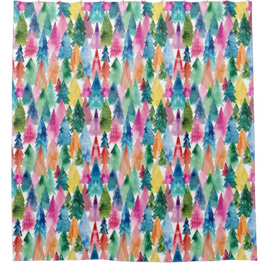 Waterverf Kleurrijke Heldere Regenboog Kerstbomen Douchegordijn (Voorkant)