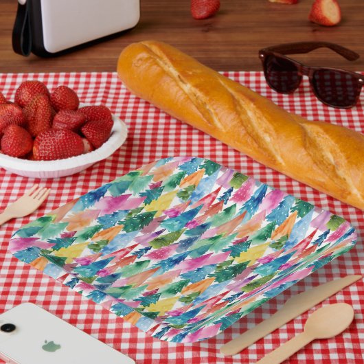 Waterverf Kleurrijke Heldere Regenboog Kerstbomen Papieren Bordje (Picknick)