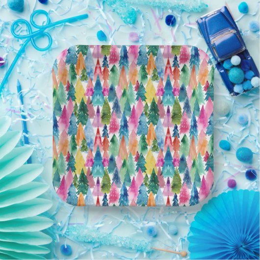 Waterverf Kleurrijke Heldere Regenboog Kerstbomen Papieren Bordje (Feest)