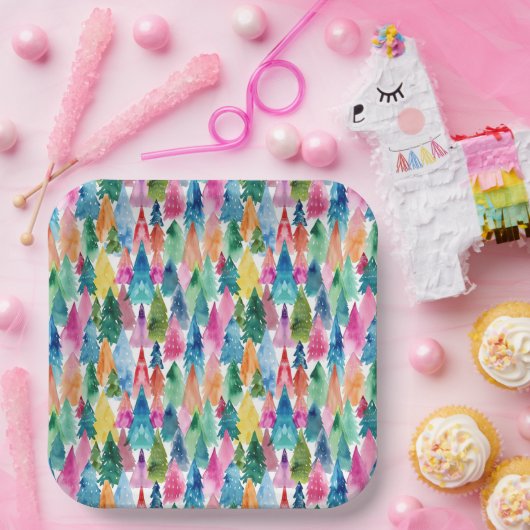 Waterverf Kleurrijke Heldere Regenboog Kerstbomen Papieren Bordje (Feest)