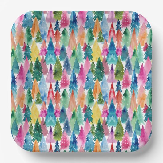 Waterverf Kleurrijke Heldere Regenboog Kerstbomen Papieren Bordje (Voorkant)