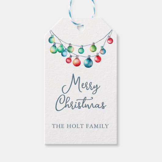 Waterverf Kleurrijke Kerst String Lights Cadeaulabel (Voorkant)