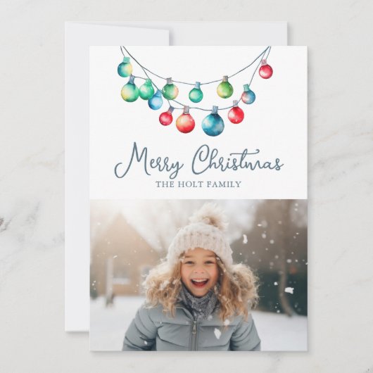 Waterverf Kleurrijke Kerst String Lights Foto Feestdagenkaart (Voorkant)