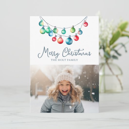 Waterverf Kleurrijke Kerst String Lights Foto Feestdagenkaart (Staand voorkant)