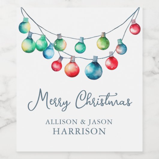 Waterverf Kleurrijke Kerst String Lights Wijn Etiket (Enkel label)