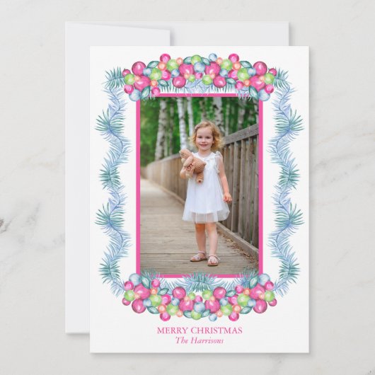 Waterverf Kleurrijke Kerst Tinsel Baubles Foto Feestdagenkaart (Voorkant)