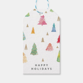 Waterverf kleurrijke kerstbomen cadeaulabel