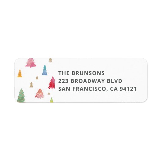 Waterverf Kleurrijke Kerstbomen Retouradres Etiket (Voorkant)