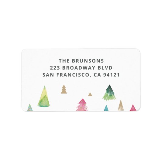 Waterverf Kleurrijke Kerstbomen Retouradres Etiket (Voorkant)