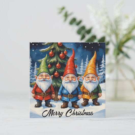 Waterverf Kleurrijke Kerstkabouters Winterbos Feestdagenkaart (Staand voorkant)