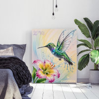 Waterverf Kleurrijke Kolibrie en Bloem