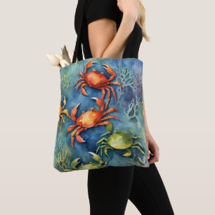Waterverf Kleurrijke Krabben & Zee Koraal Kust- Tote Bag