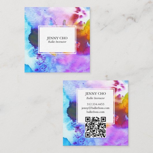 Waterverf kleurrijke levendige getextureerde QR-co Vierkante Visitekaartje (Voorkant / Achterkant)