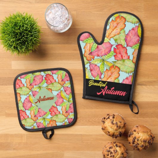 Waterverf Kleurrijke Patroon Mooie Faii bladeren Ovenwant & Pannenlap Set (Top down)