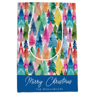 Waterverf Kleurrijke Regenboog Kerstbomen Medium Cadeauzakje