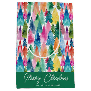 Waterverf Kleurrijke Regenboog Kerstbomen Medium Cadeauzakje