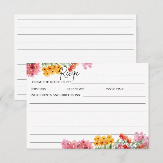 Waterverf Kleurrijke Roze Bloemen Recept Kaart (Voorkant / Achterkant)