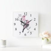 Waterverf kleurrijke roze en zwarte vogels op bijk vierkante klok (Huis)