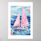 Waterverf Kleurrijke Roze Zeilboot Coastal Blue Poster (Voorkant)