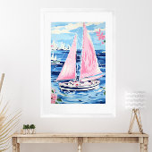 Waterverf Kleurrijke Roze Zeilboot Coastal Blue Poster