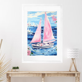 Waterverf Kleurrijke Roze Zeilboot Coastal Blue Poster