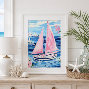 Waterverf Kleurrijke Roze Zeilboot Kustblauw Poster