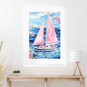 Waterverf Kleurrijke Roze Zeilboot Kustblauw Poster