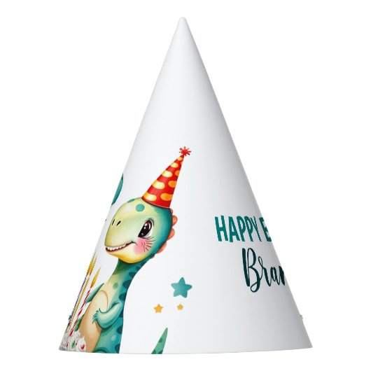 Waterverf Kleurrijke Trex Dinosaurus 1e Verjaardag Feesthoedjes (Voorkant)