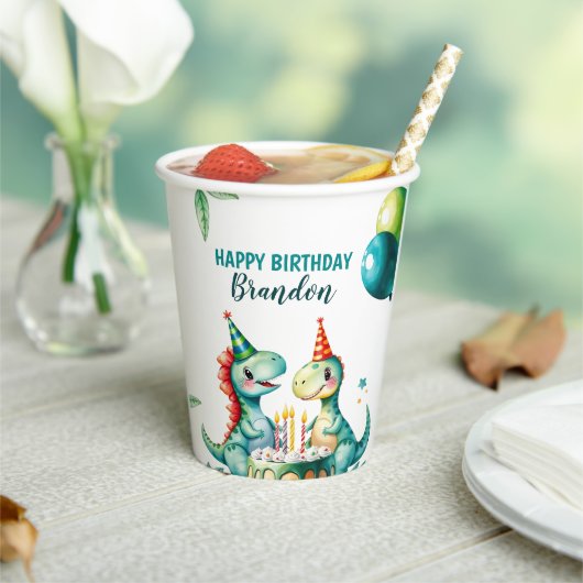 Waterverf Kleurrijke Trex Dinosaurus 1e Verjaardag Papieren Bekers (Insitu)