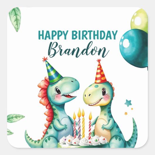 Waterverf Kleurrijke Trex Dinosaurus 1e Verjaardag Vierkante Sticker (Voorkant)