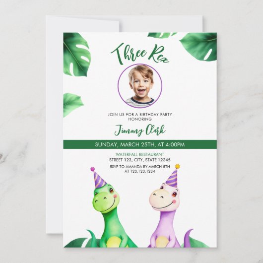 Waterverf Kleurrijke Trex Kinder Foto Verjaardag Kaart (Voorkant)