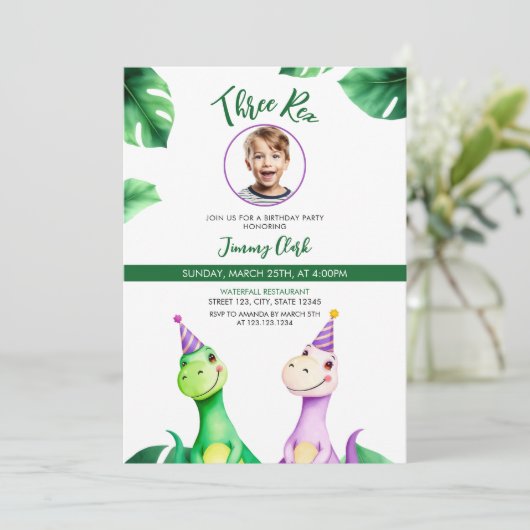 Waterverf Kleurrijke Trex Kinder Foto Verjaardag Kaart (Staand voorkant)