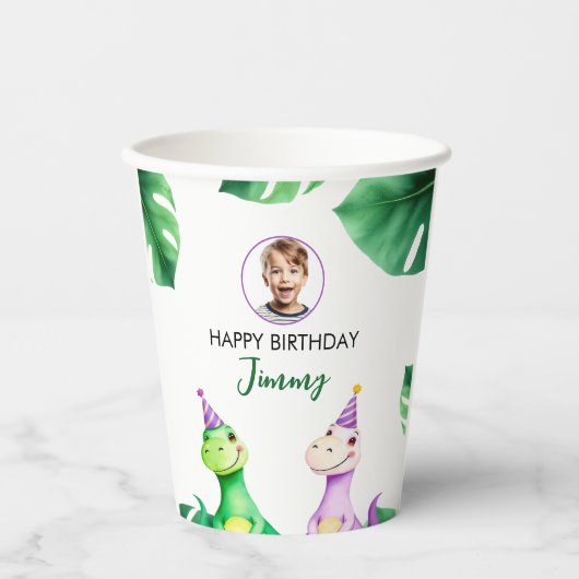 Waterverf Kleurrijke Trex Kinder Foto Verjaardag Papieren Bekers (Voorkant)