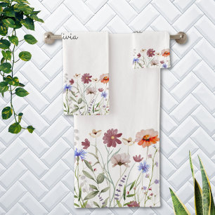 Waterverf Kleurrijke Wilde Bloemenweide met Monogr Bad Handdoek