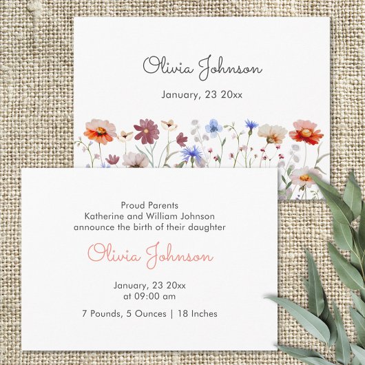 Waterverf Kleurrijke Wildflower Baby Girl Geboorte Aankondiging