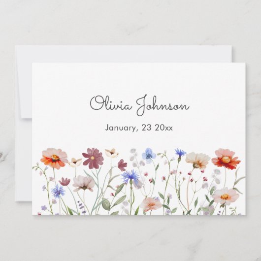 Waterverf Kleurrijke Wildflower Baby Girl Geboorte Aankondiging (Voorkant)